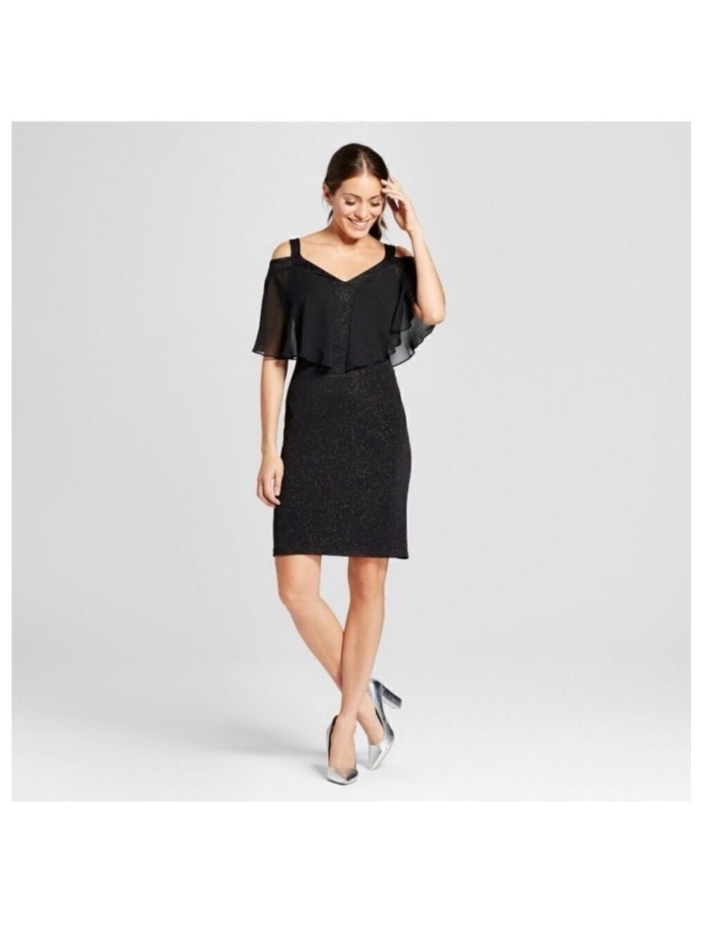Chiasso Black Glitter Bodycon Cold Shoulder Dress XL Sheer Overlay